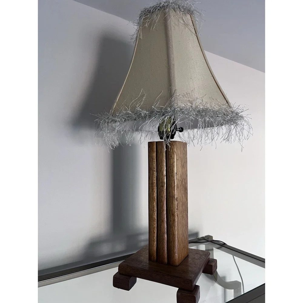 Vintage Wooden Table Lamp with Fabric Shade and Fringe Trim Mid Century Style